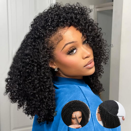 Trilumity Half ，100% Real 205G，3 Curly Human Hair - Natural Black Hair Replacement Wig