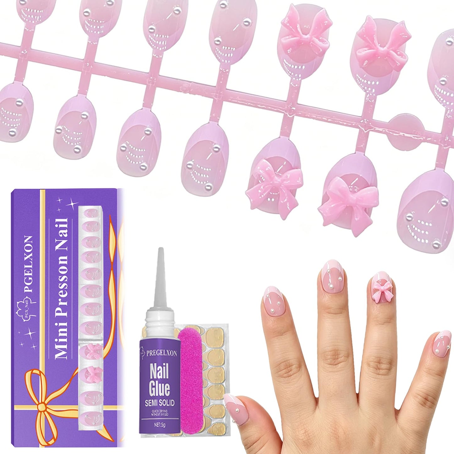 Trilumity For Kids Pink Bow Short Almond Soft Gel - Pink Press On Nails