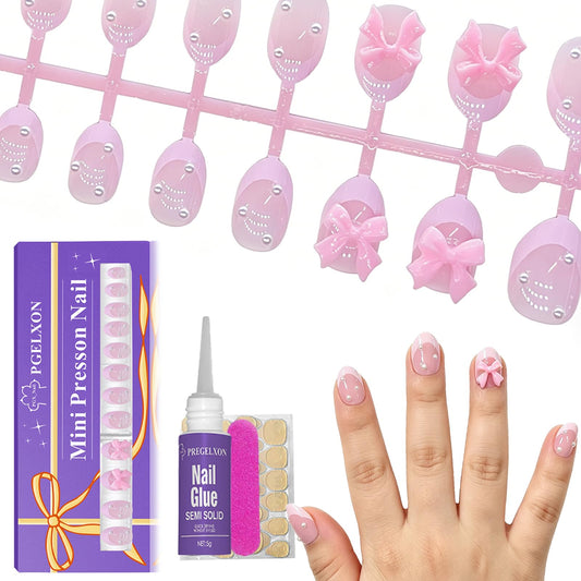 Trilumity For Kids Pink Bow Short Almond Soft Gel - Pink Press On Nails