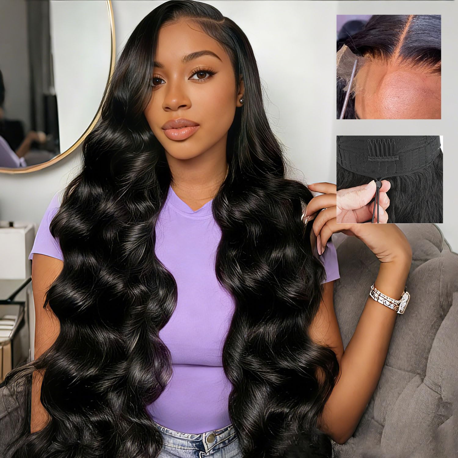 Trilumity Skinlike 5X5 Closure With Body Wave Human Hair - Natural Black Hair Replacement Wig