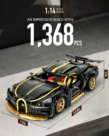 Trilumity Black Bugatti Sets, Toy Sports Car for Boys Men Teens Building Block Set, 1:14 Scale, Remote Control, 1,368-Piece
