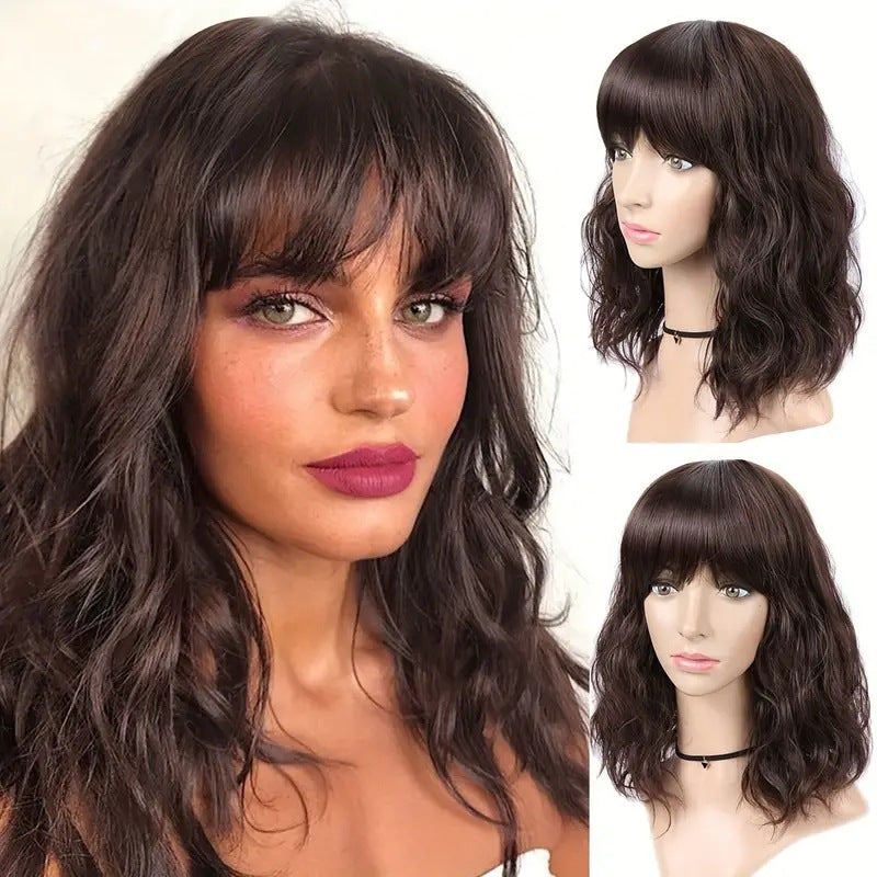 Trilumity Water Wave Wig with Bangs in Dark Brown, front view