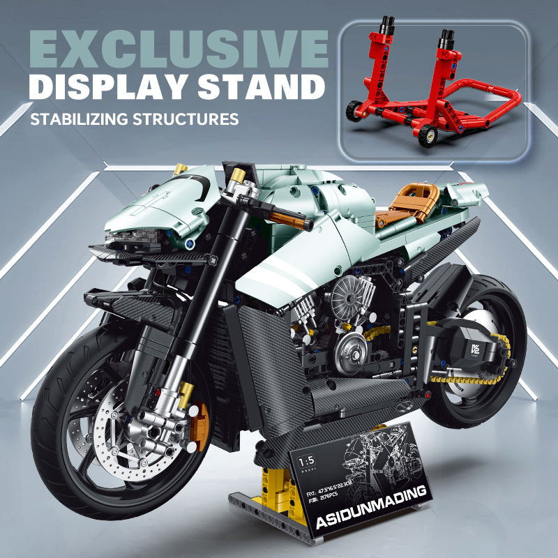 Trilumity Aston Martin M7 Motorcycle with Special Display Stand, Adult Collectible Models Building Block Set, 1:5 Scale, 2,176-Piece