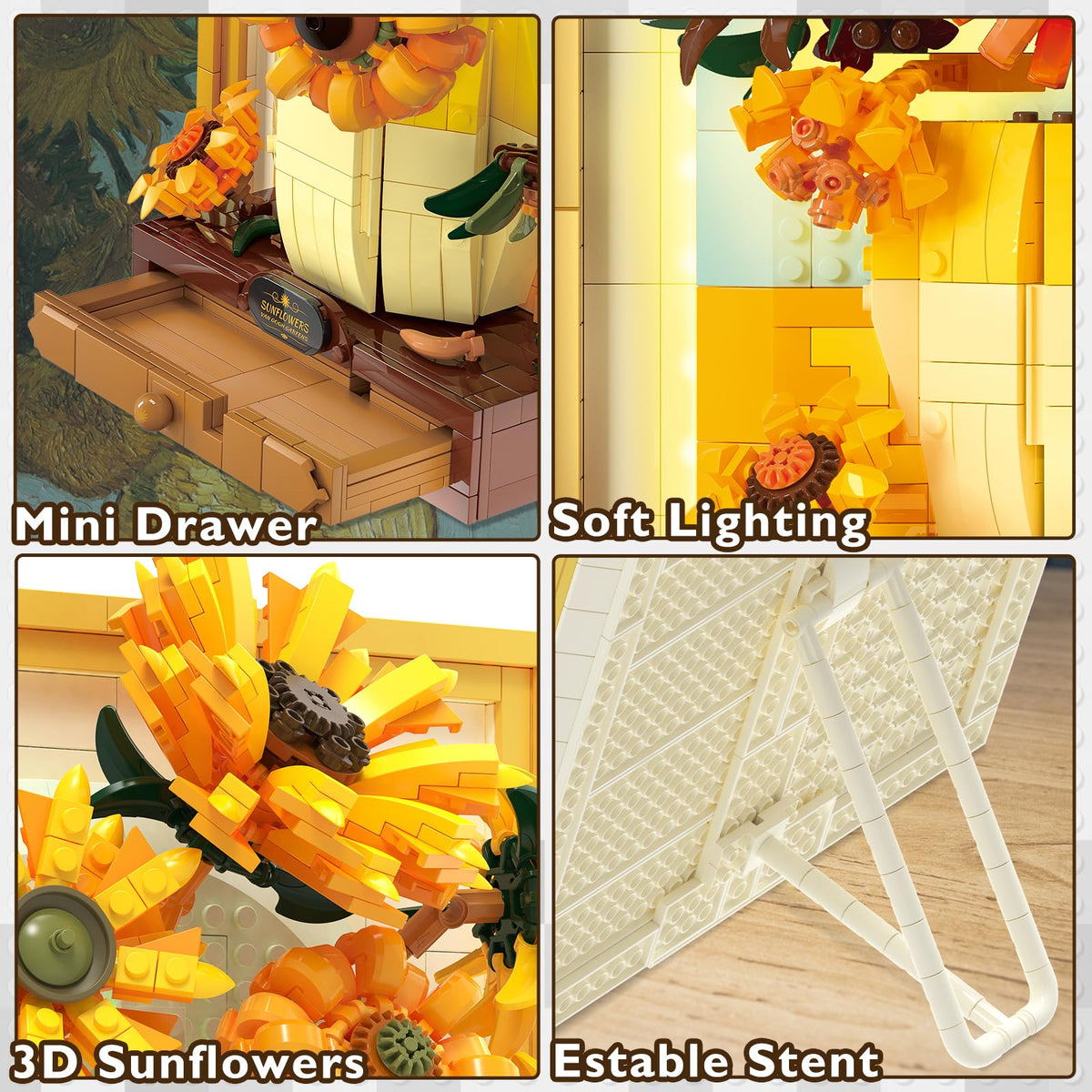 Trilumity Sunflower Flower Set with Sensor Light, 3D Sunflower Van Gogh Painting Frame Wall Art Crafts Building Block Set, 1,166-Piece