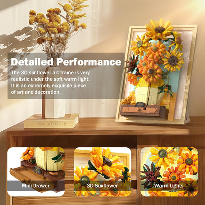 Trilumity Sunflower Flower Set with Sensor Light, 3D Sunflower Van Gogh Painting Frame Wall Art Crafts Building Block Set, 1,166-Piece