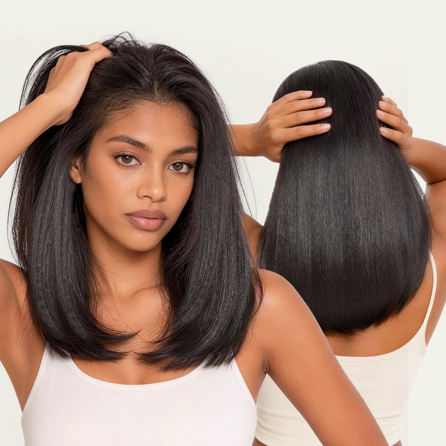 Trilumity Half Yaki Straight Human Hair - Natural Black Hair Replacement Wig