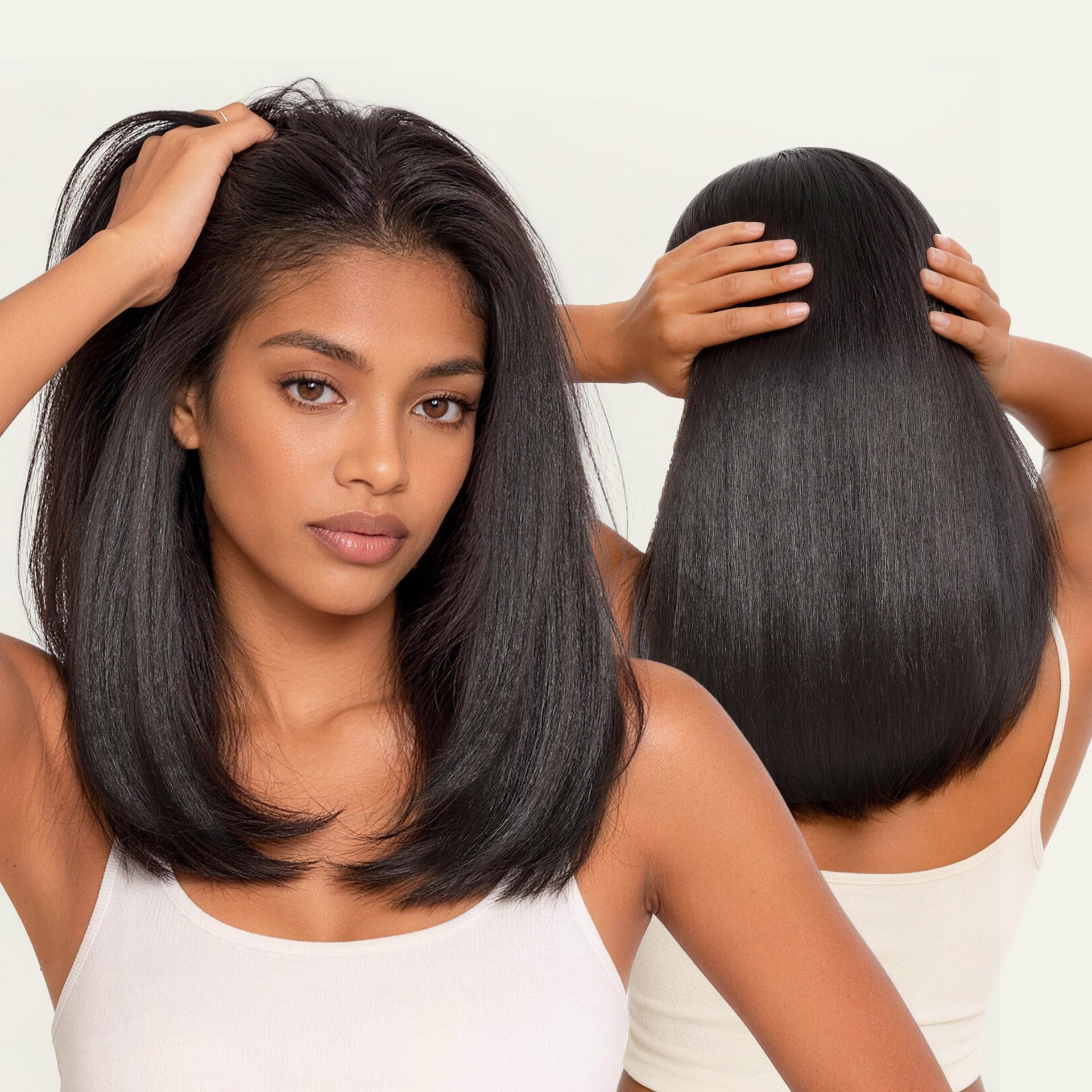 Trilumity Half Yaki Straight Human Hair - Natural Black Hair Replacement Wig