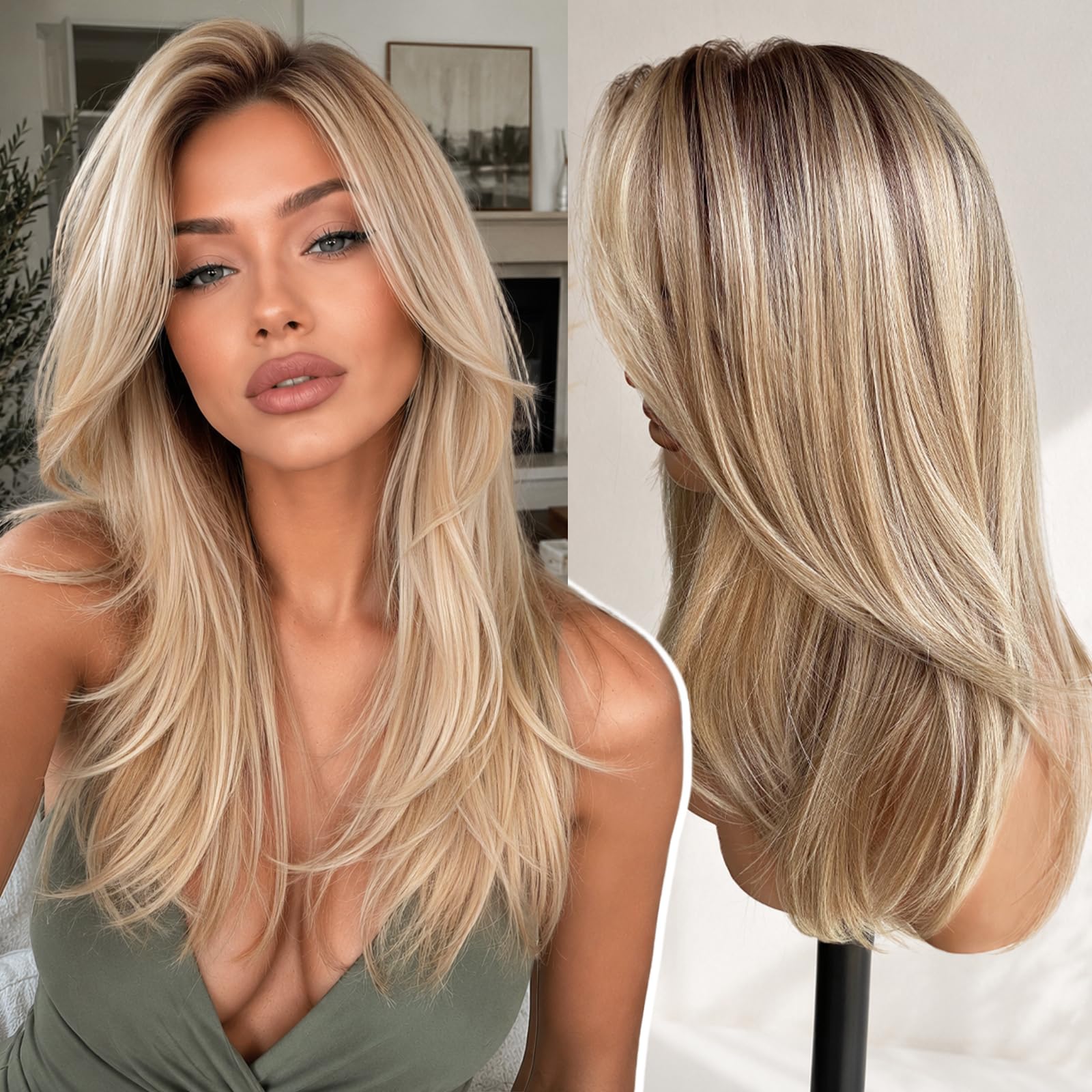 Trilumity Ash Blonde Highlight Straight Synthetic Fiber - Natural Black Hair Replacement Wig
