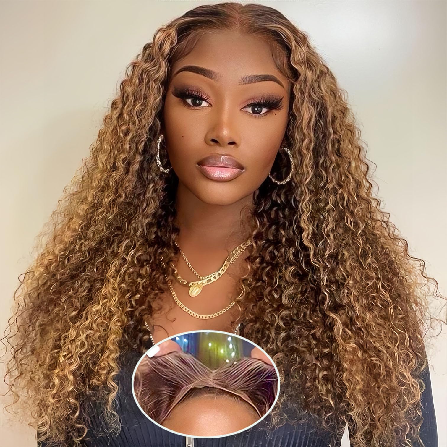 Trilumity Highlight Ombre 4/27 Wear Deep Wave Human Hair - Honey Blonde Hair Replacement Wig