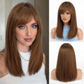 RSY 100% Human Hair Wigs for Women, Ombre Brown Shoulder Length Straight Layered Wig with Bangs, Natural Real Hair for Daily and Party Wear
