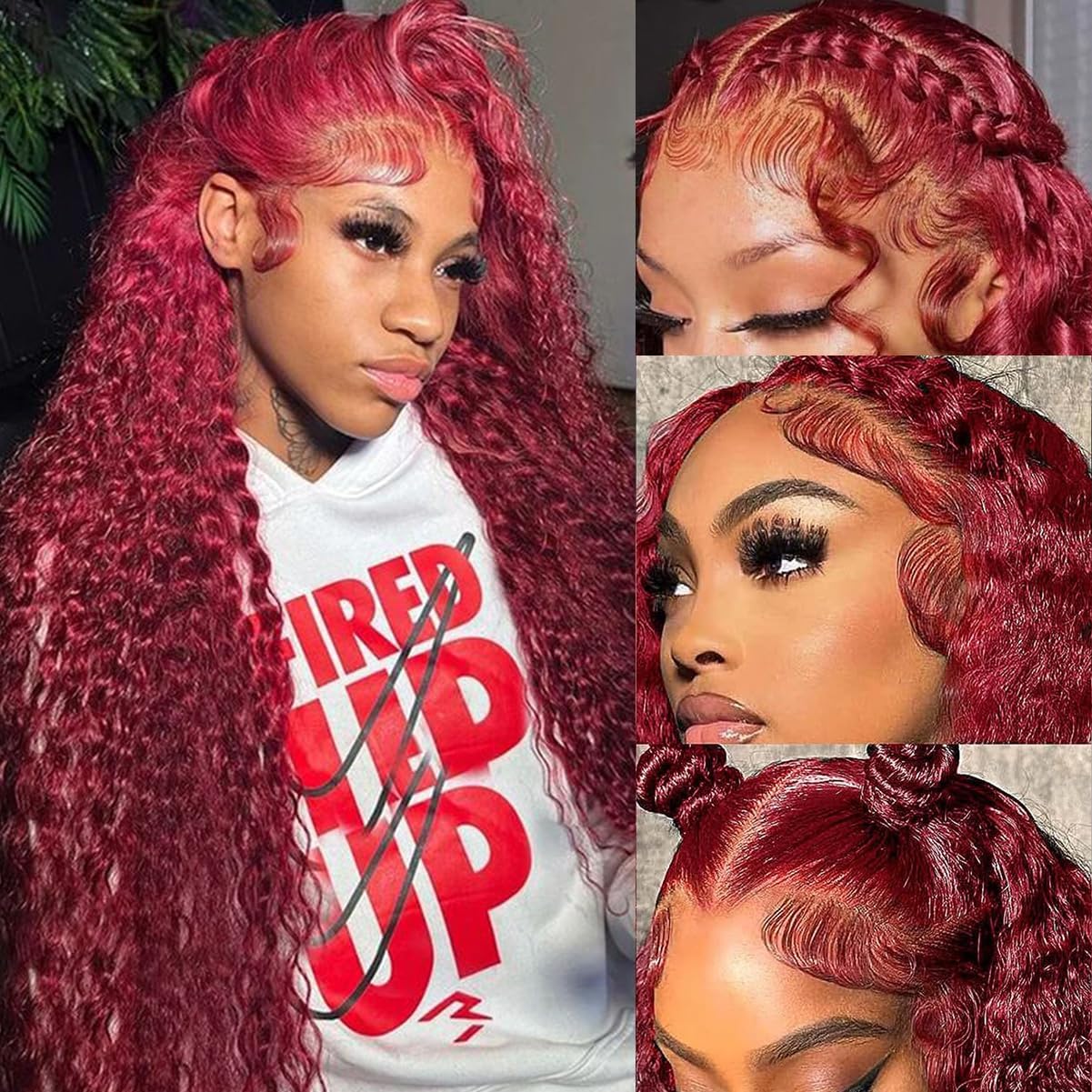 Trilumity 99J Burgundy 13X6 180 Deep Wave Human Hair - Burgundy Hair Replacement Wig