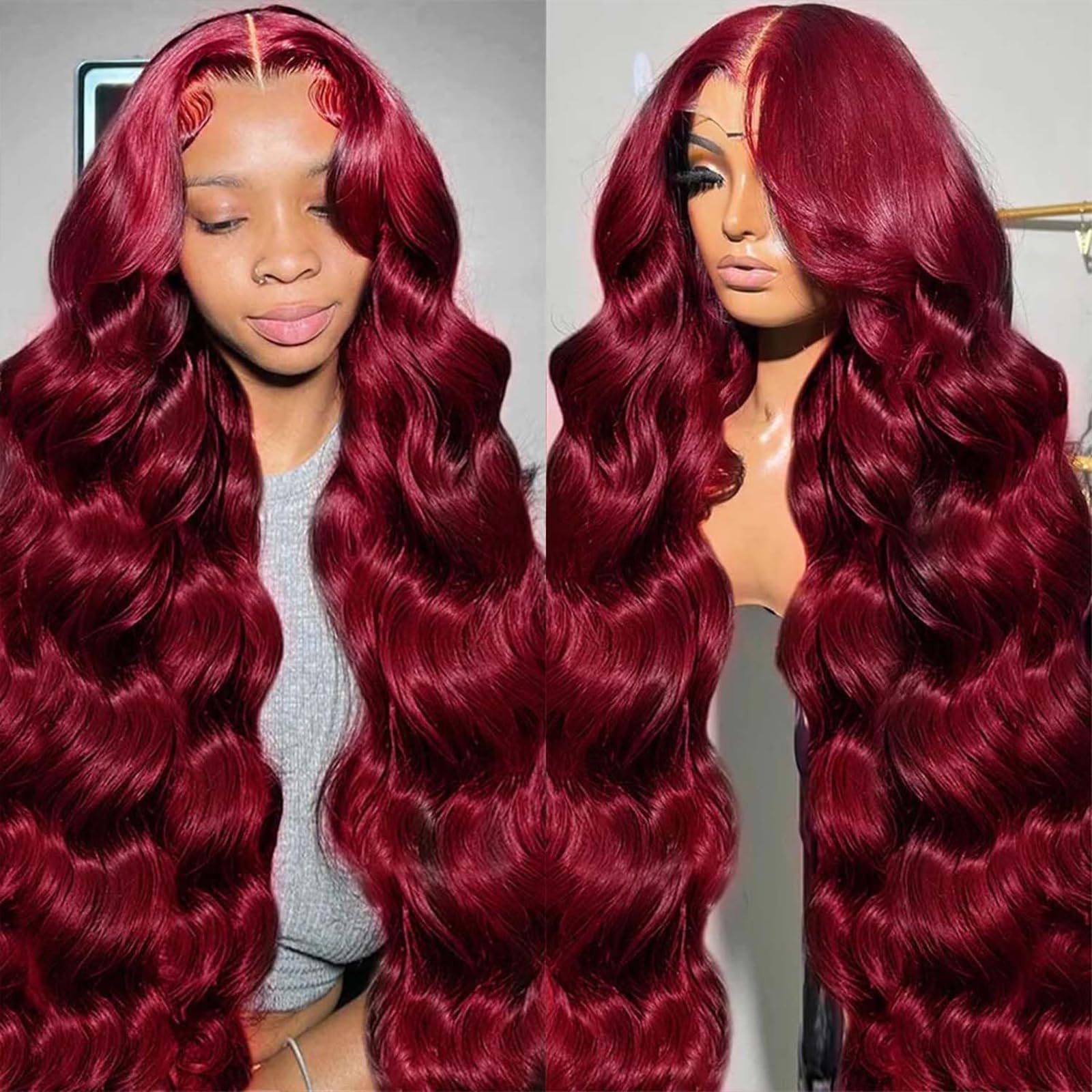 Trilumity 99J Burgundy Red Body Wave Human Hair - Burgundy Hair Replacement Wig
