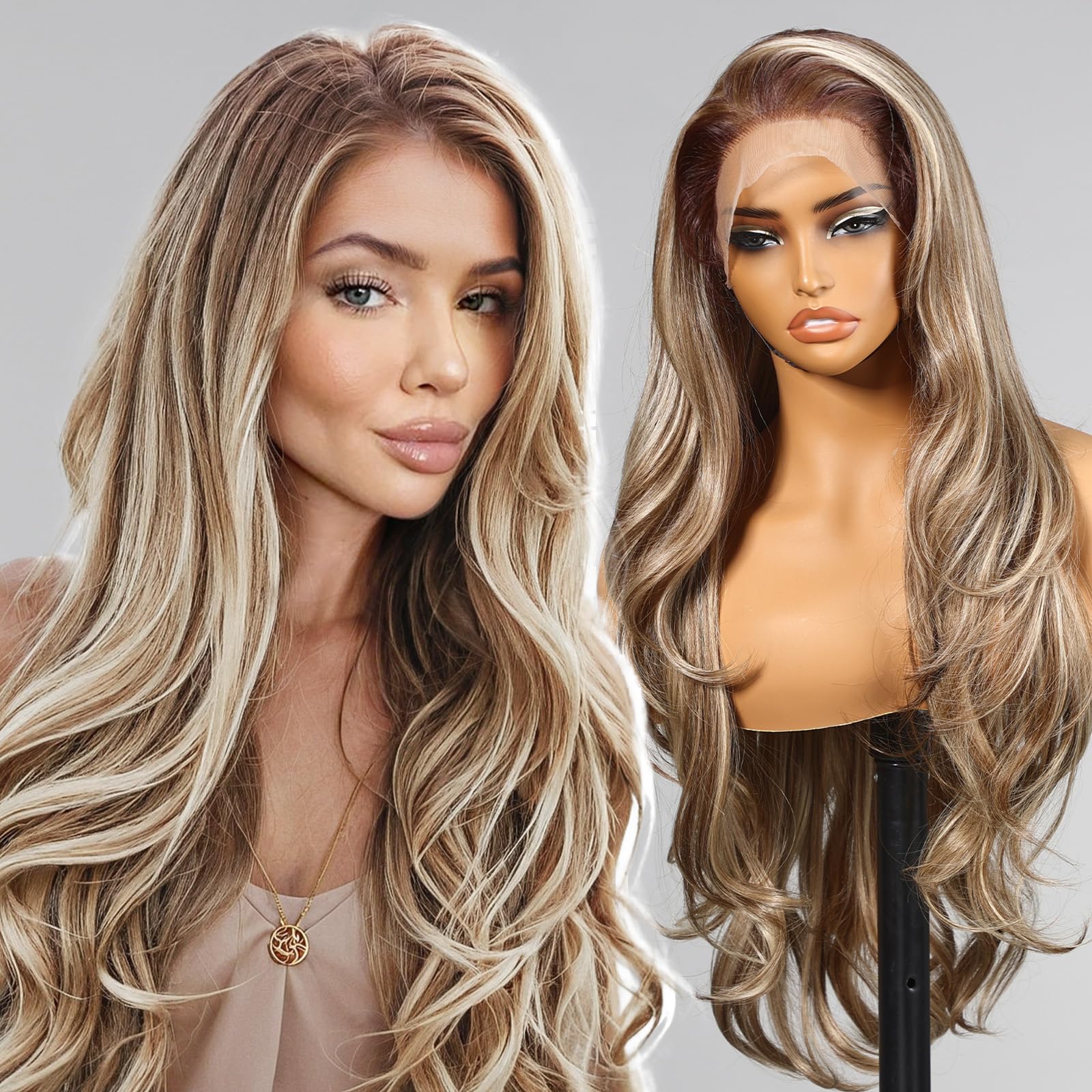 Trilumity Ash Blonde Synthetic Deep Wave 100% Human Hair - Brown Hair Replacement Wig