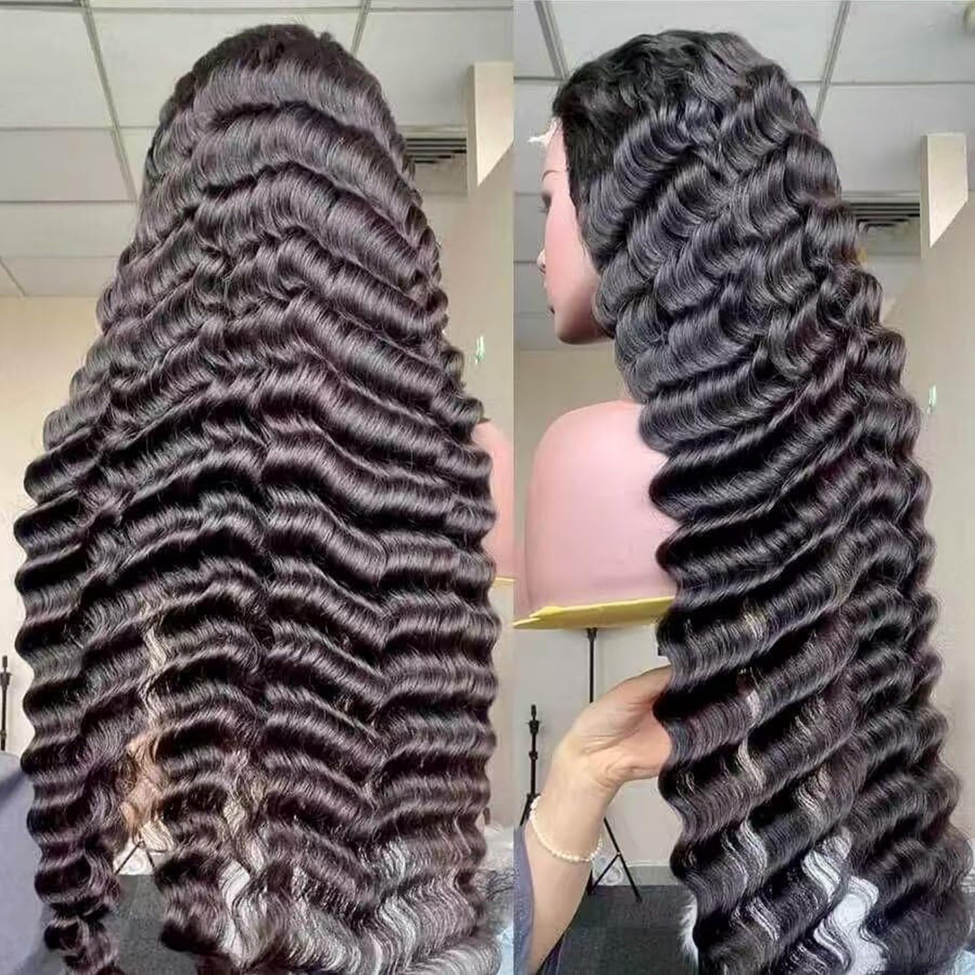 Trilumity 13X6 Synthetic Pre Plucked Deep Wave Human Hair - Natural Black Hair Replacement Wig