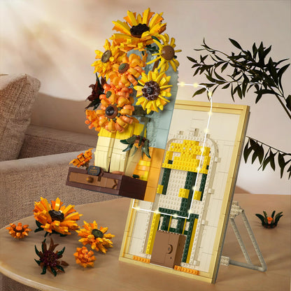 Trilumity Sunflower Flower Set with Sensor Light, 3D Sunflower Van Gogh Painting Frame Wall Art Crafts Building Block Set, 1,166-Piece