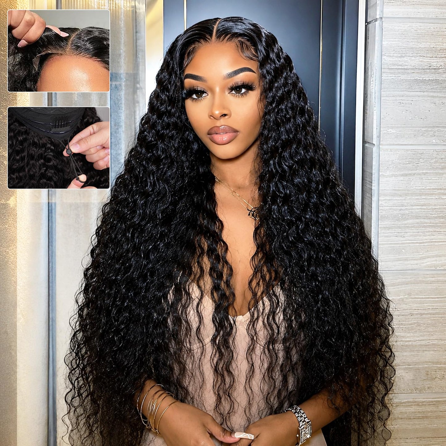 Trilumity Glueless Pre Cut 7X5 Deep Wave Human Hair - Natural Black Hair Replacement Wig