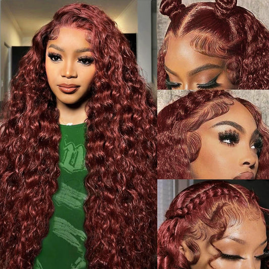 Trilumity Reddish Brown 13X6 Reddish Deep Wave Human Hair - Brown Hair Replacement Wig