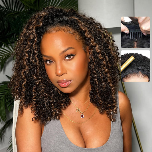 Trilumity Fb30 Burmese Half Highlight Curly Human Hair - Natural Black Hair Replacement Wig