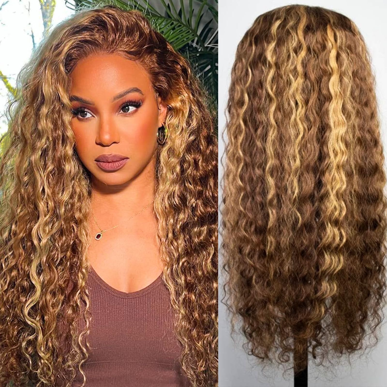 Trilumity Highlight Ombre 13X4 Deep Wave Human Hair - Honey Blonde Hair Replacement Wig