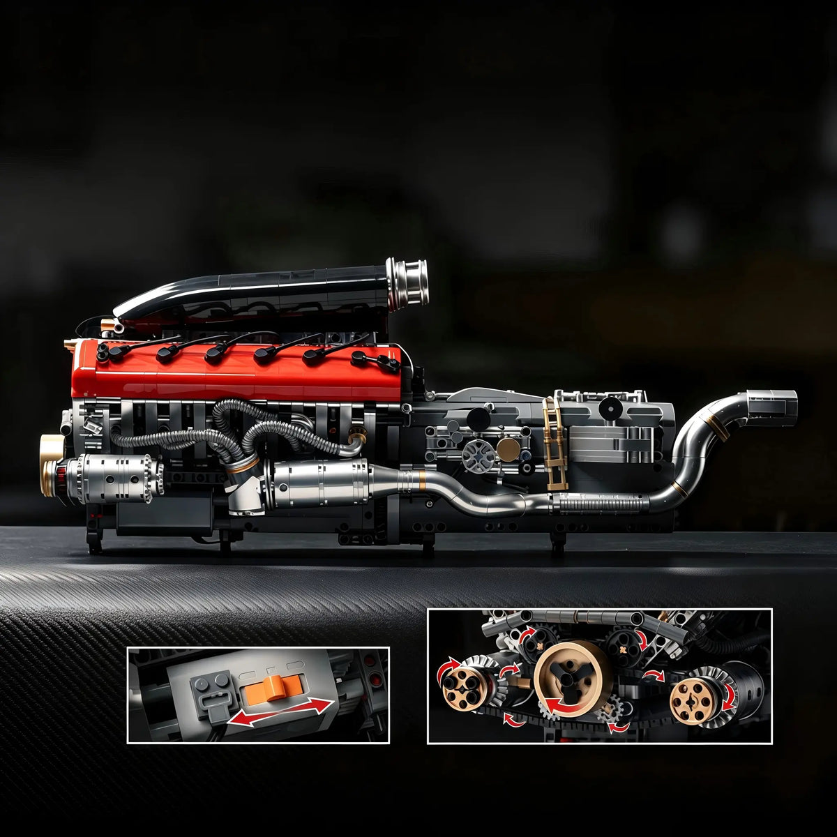 Trilumity Building Block Set: Motorized Large Ferrari Sp3 V12 Engine | 12-Cylinder Prancing Horse Engine Package (2155-Piece)