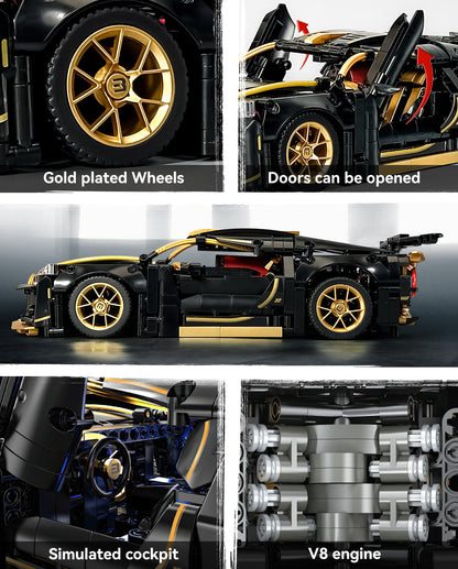 Trilumity Black Bugatti Sets, Toy Sports Car for Boys Men Teens Building Block Set, 1:14 Scale, Remote Control, 1,368-Piece