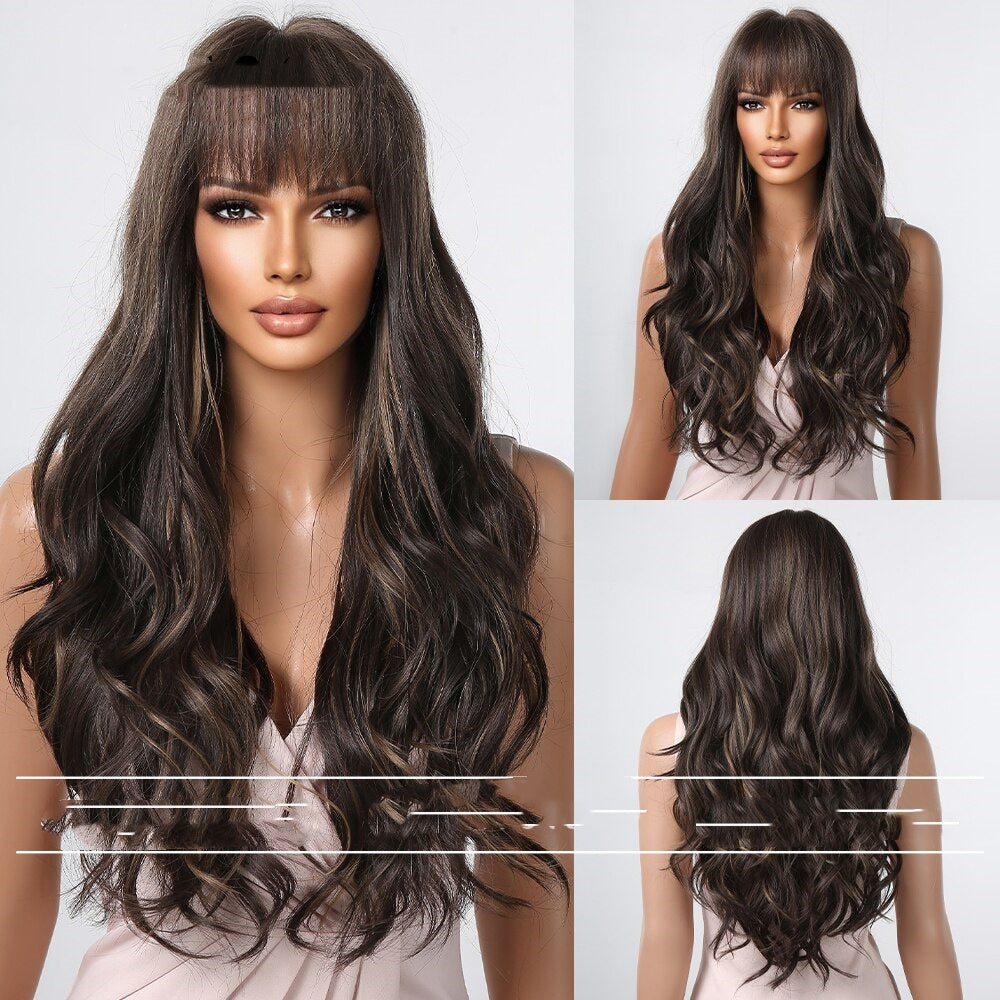 Trilumity Loose Wave Wig with Bangs in Black, cap and adjustable band construction