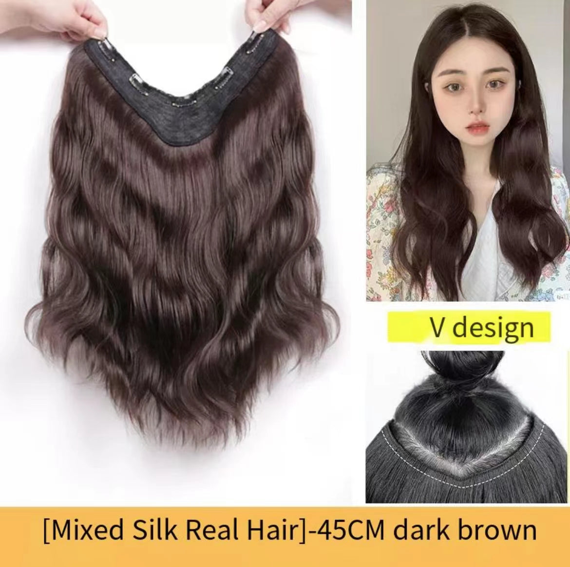 Trilumity Curly V-Part Half Wig in Dark Brown, three-quarter view