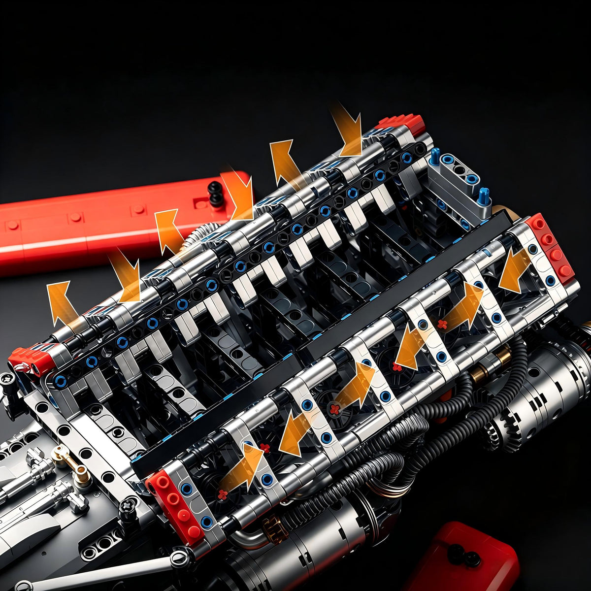 Trilumity Building Block Set: Motorized Large Ferrari Sp3 V12 Engine | 12-Cylinder Prancing Horse Engine Package (2155-Piece)