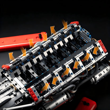Trilumity Building Block Set: Motorized Large Ferrari Sp3 V12 Engine | 12-Cylinder Prancing Horse Engine Package (2155-Piece)