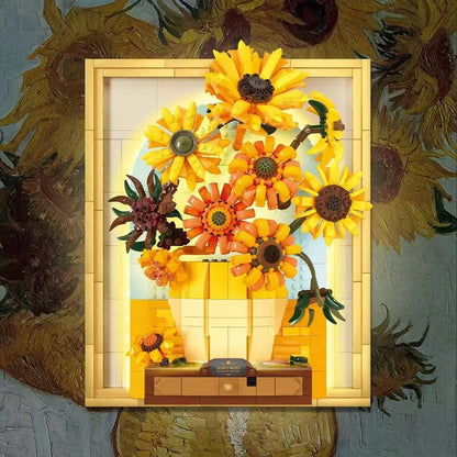 Trilumity Sunflower Flower Set with Sensor Light, 3D Sunflower Van Gogh Painting Frame Wall Art Crafts Building Block Set, 1,166-Piece