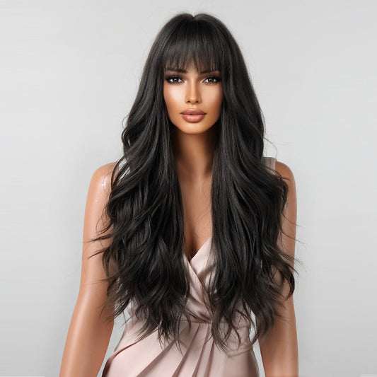 Trilumity Loose Wave Wig with Bangs in Black, front view