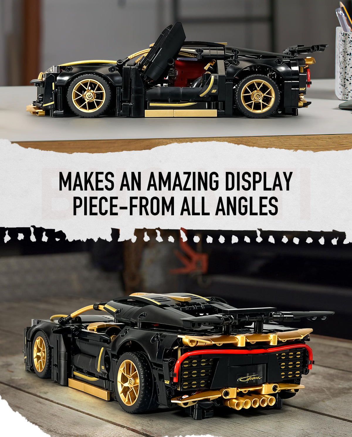 Trilumity Black Bugatti Sets, Toy Sports Car for Boys Men Teens Building Block Set, 1:14 Scale, Remote Control, 1,368-Piece