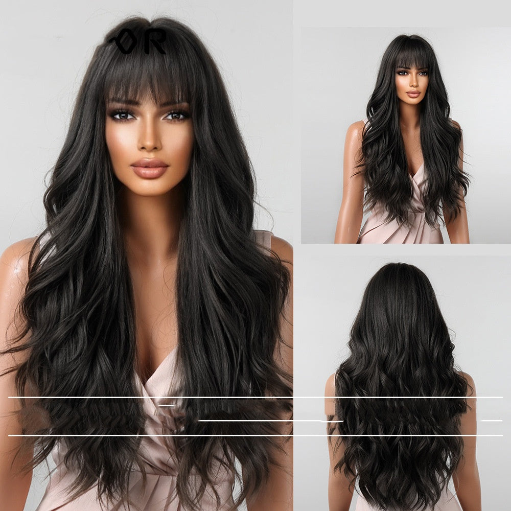 Trilumity Loose Wave Wig with Bangs in Black, three-quarter view