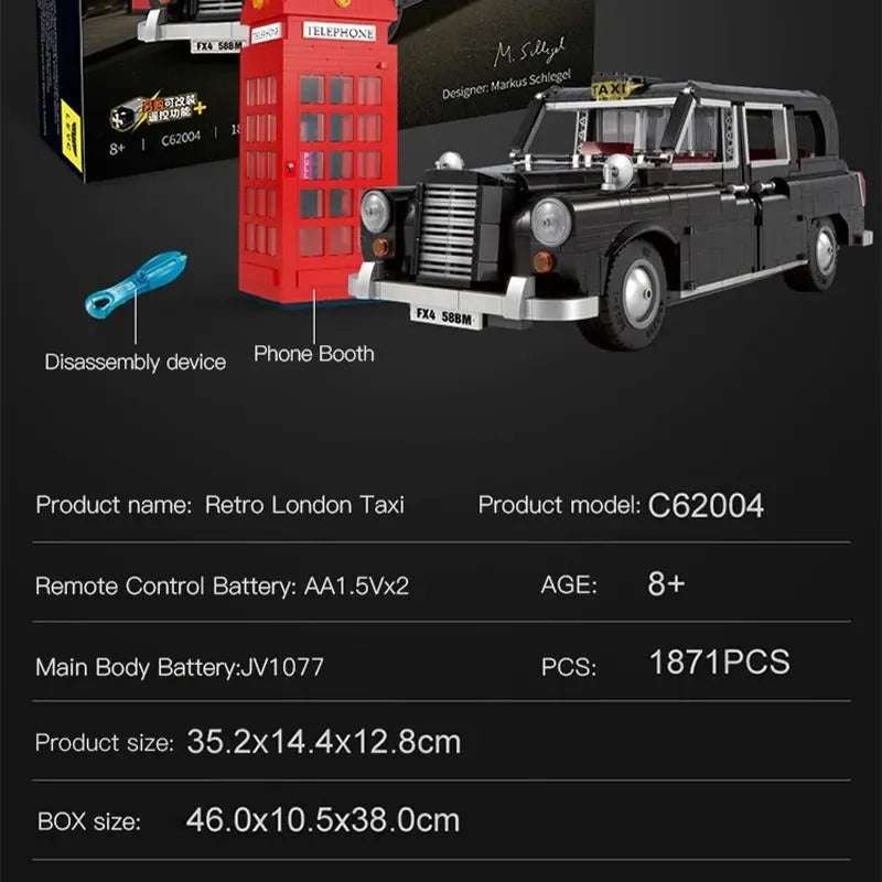 Cada MOC Building Block Set: 62004 RC Motorized Retro London Taxi, Model C62004PF