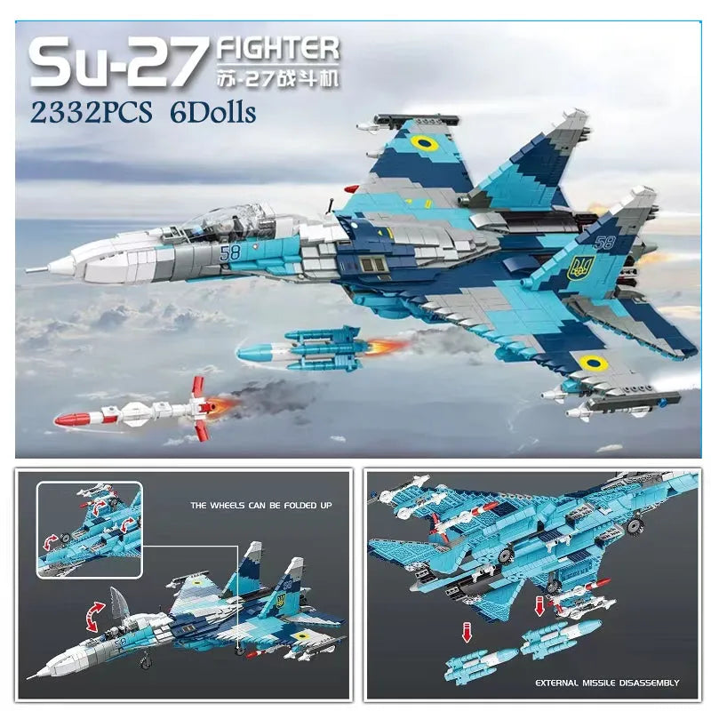 MOC Building Block Set: WW2 Aircraft SU-27 Fighter Jet, Model LY9004