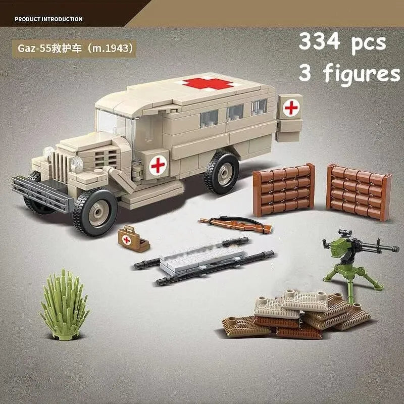 MOC Building Block Set: WW2 GAZ-55 Ambulance Vehicle, Model QG100112