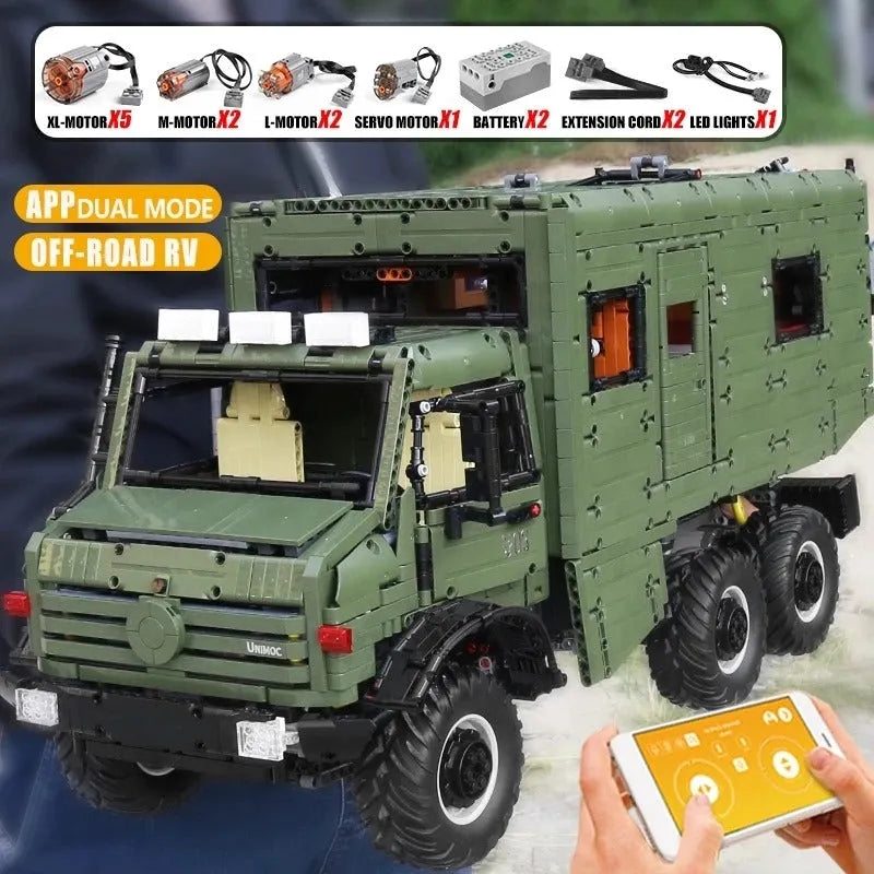 MOC Motorized Building Block Set: RC APP Nomadism Off-Road Unimog Truck