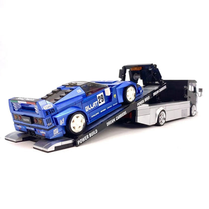 Trilumity Building Block Set: 1:24 Flatbed Truck | Premium Display Stand (544-Piece)