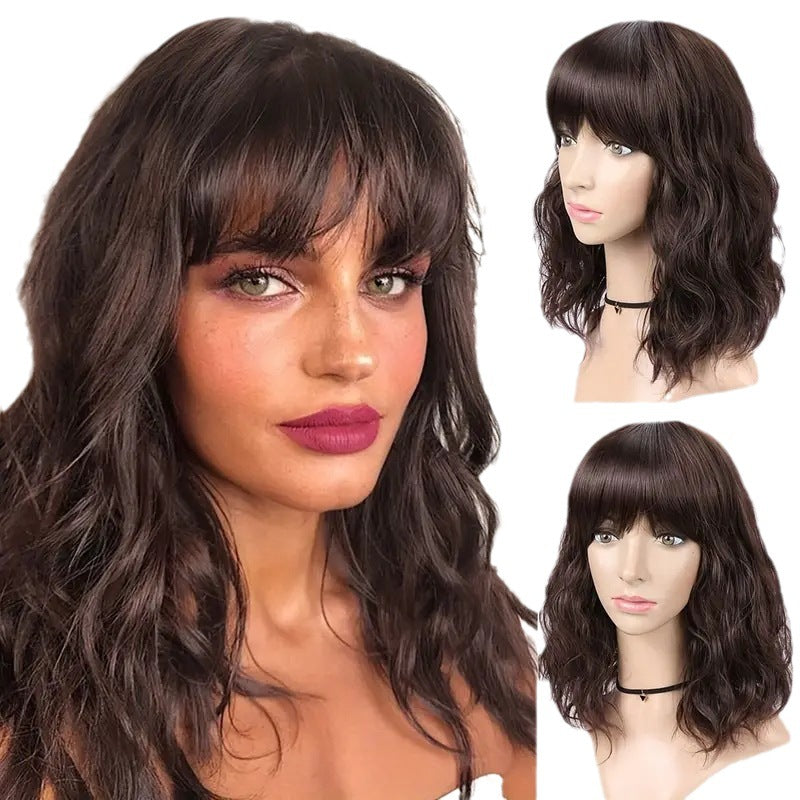 Trilumity Water Wave Wig with Bangs in Dark Brown, side profile