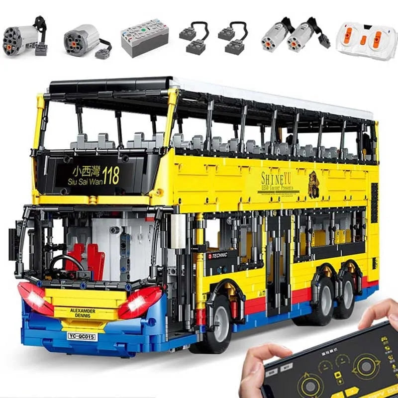 Happy Build MOC Building Block Set: RC Motor Double Decker Bus QC015, Model YCQC015