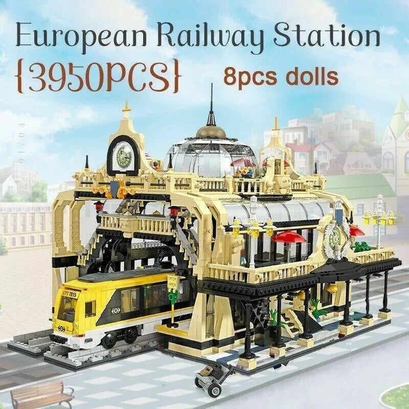 JieStar MOC Building Block Set: Street European Train Station, Model 89104