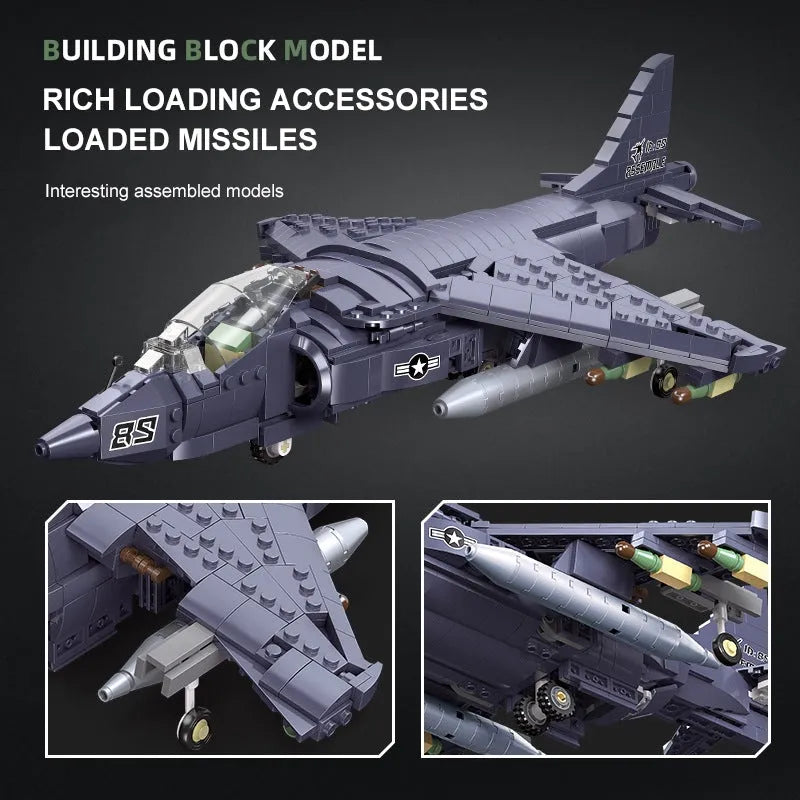 JieStar MOC Building Block Set: WW2 AV-8II Harrier Attack Aircraft Plane, Model 61052
