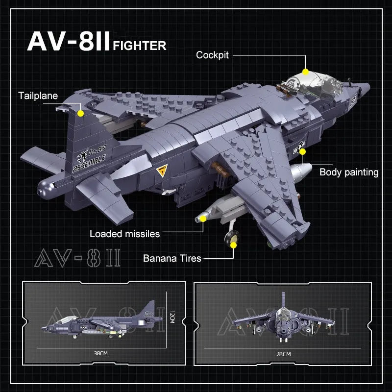JieStar MOC Building Block Set: WW2 AV-8II Harrier Attack Aircraft Plane, Model 61052