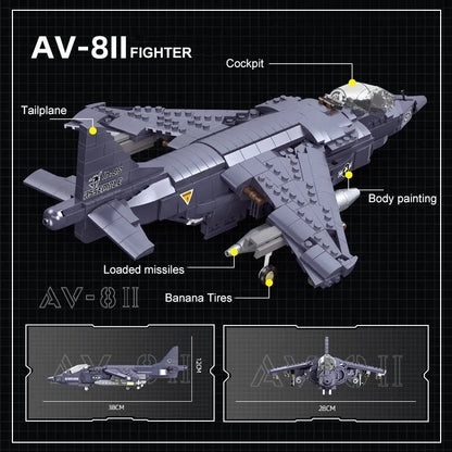 JieStar MOC Building Block Set: WW2 AV-8II Harrier Attack Aircraft Plane, Model 61052