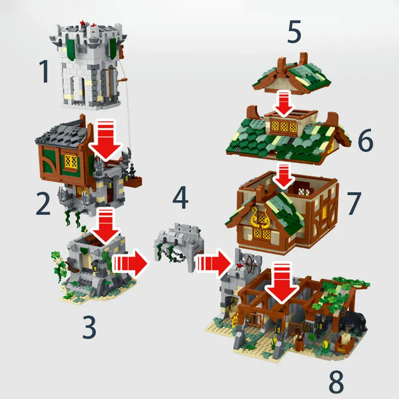 MORK MOC Building Block Set: Medieval Town Stable Guard Tower, Model 033001