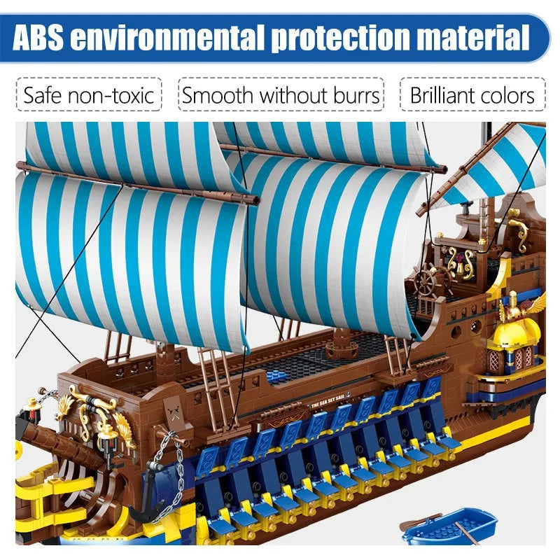 MORK MOC Building Block Set: Pirates Caribbean Blue Sail Ship, Model 031011