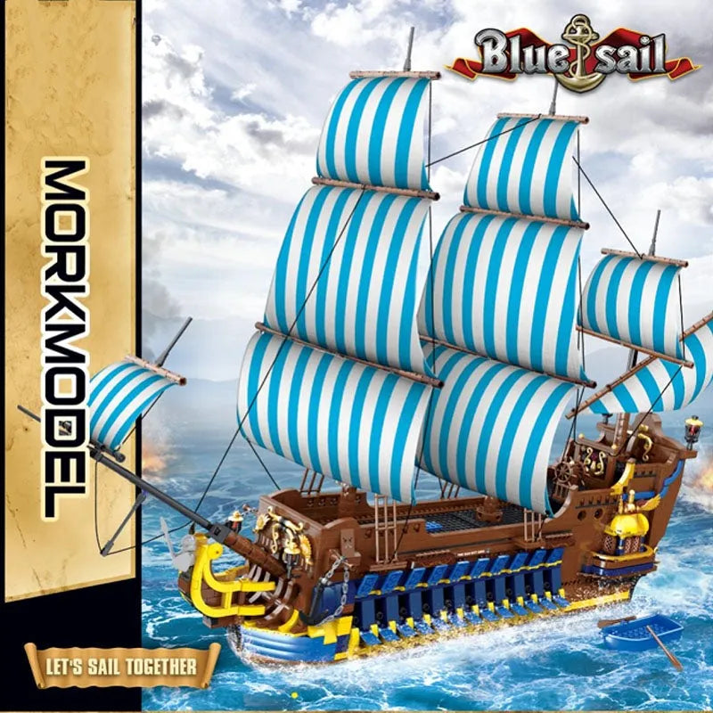 MORK MOC Building Block Set: Pirates Caribbean Blue Sail Ship, Model 031011