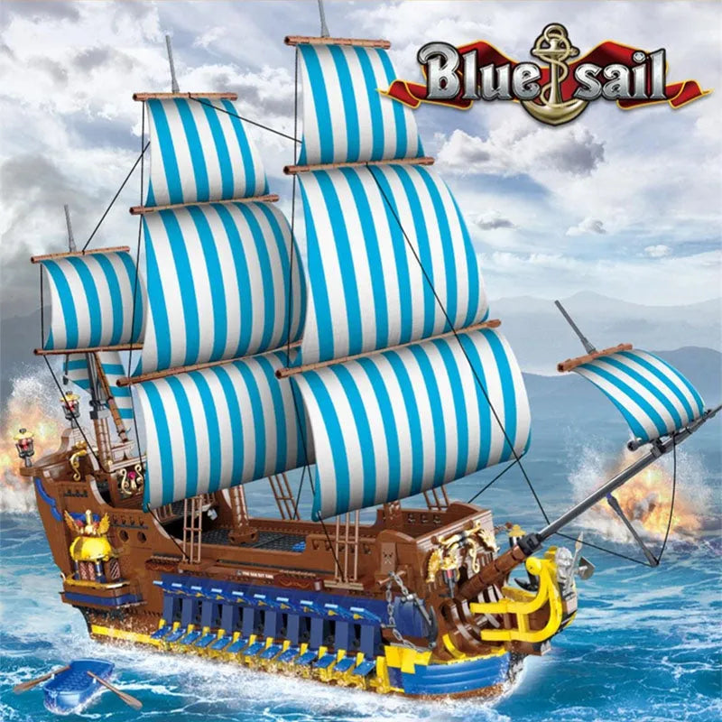 MORK MOC Building Block Set: Pirates Caribbean Blue Sail Ship, Model 031011