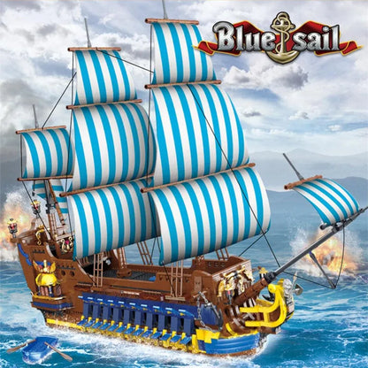MORK MOC Building Block Set: Pirates Caribbean Blue Sail Ship, Model 031011