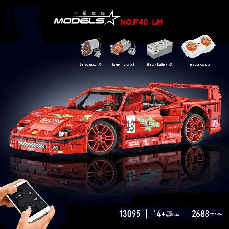 Mould King MOC Motorized Building Block Set: 13095P RC Ferrari F40 Racing Sports Car, Model K13095PF